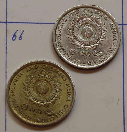 2 x Shoprite Checkers tokens (gold and silver version) MB2030