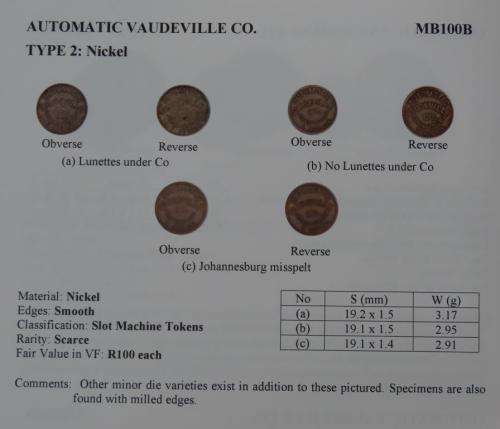 3 x different Automatic Vaudeville Co. Tokens (MB100B)