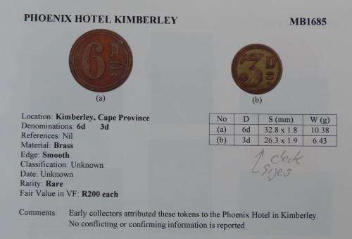 Phoenix Hotel Kimberley 6d token (MB1685)