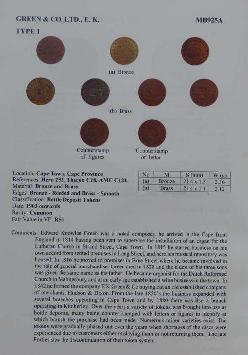 Lot of 7 x various Green and Co tokens (MB925A)