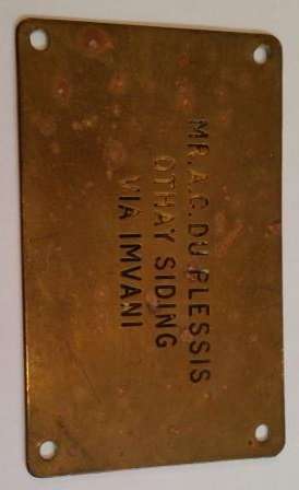 Brass post bag tag for the postmaster at Othay Siding via Imvani (near Cathcart, Eastern Cape)