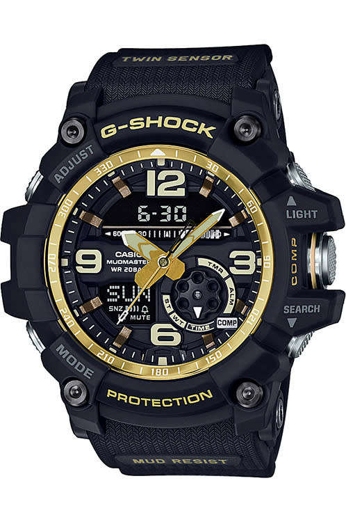 Casio G-Shock Mudmaster Twin Sensor Gold Tone Accents Black Resin Band Men's Watch