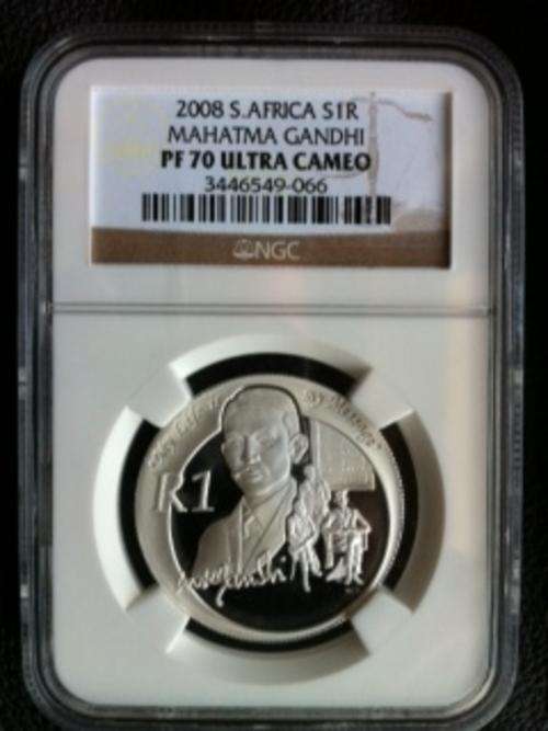 2008 South Africa Silver 1 Rand MAHATMA GANDHI PF70 Ultra Cameo