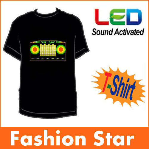 Sound Activated Light Up Flashing Rock Disco Equalizer LED T-Shirt Size M or L