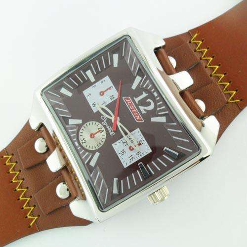 Stylish and Large Metal Case with Leather Band Men's Watch