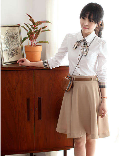 New Style Office Lady Long Sleeve Slim Fit 100% Quality  Shirt With Tie