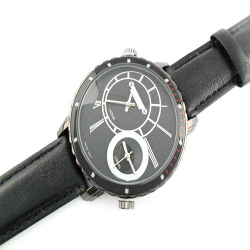 Stylish and Large Metal Case 2 Movements With Leather Band Men's Watch