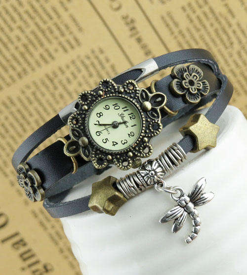 Hot!! Fashion Pure Leather Punk Retro Dragonfly Quartz Wrist Watch !!
