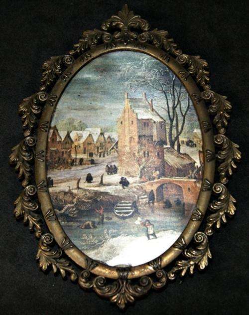 Silk painting in gilt metal frame