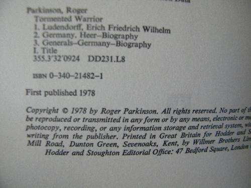 TORMENTED WARRIOR  Ludendorff and the Supreme Command  by Roger Parkinson