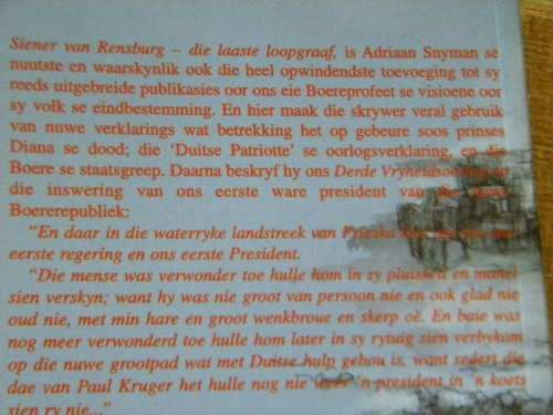 SIENER VAN RENSBURG  DIE LAASTE LOOPGRAAF  deur Adriaan Snyman