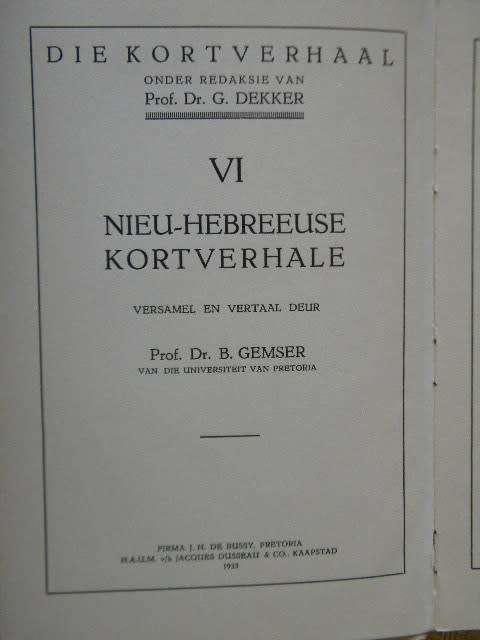 NIEU-HEBREEUSE KORTVERHALE  Versamel en vertaal deur Prof. Dr. B Gemser