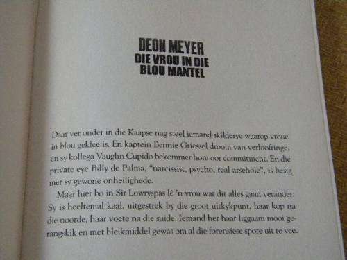 DIE VROU IN DIE BLOU MANTEL  deur Deon Meyer  (Misdaadroman)