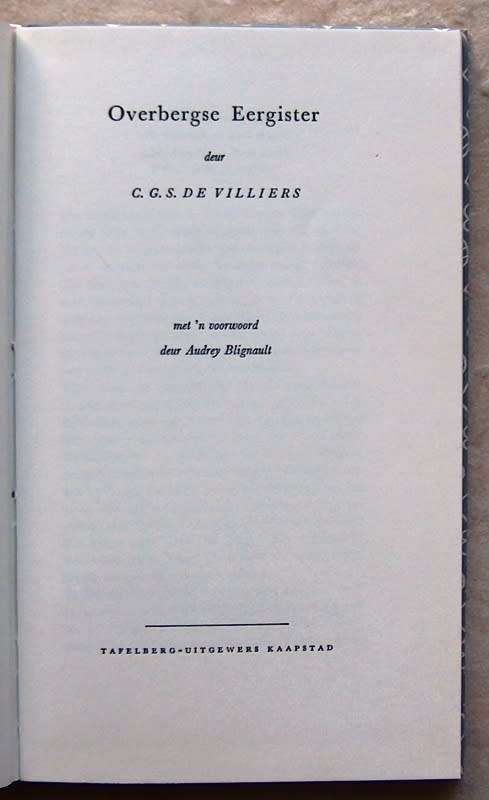 OVERBERGSE EERGISTER by C G S de Villiers