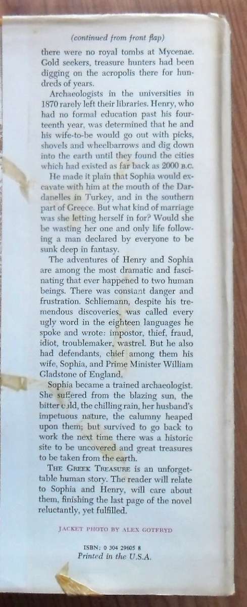 THE GREEK TREASURE A Biographical Novel of Henry and Sophia Schliemann by Irving Stone