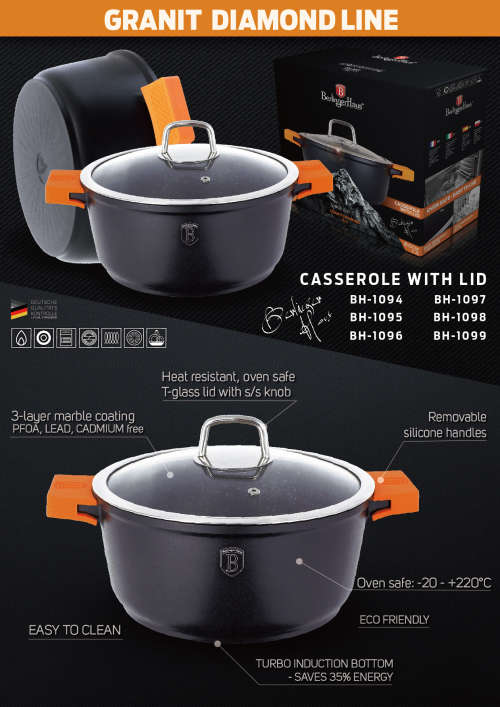 Berlingerhaus BH-1097 Casserole with lid 30 cm, Granite Diamond Line