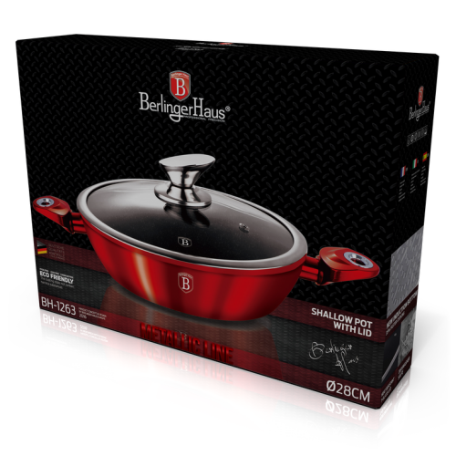 Berlinger Haus BH-1263 Marble coating induction Shallow Pot with Lid, 28CM Burgandy Metallic Line