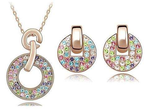 Swarovski Element Multicolored Crystal Round Shape Earrings & Necklace Set