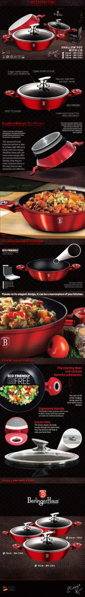 Berlinger Haus Bigger Size BH-1263 Marble coating induction Shallow Pot with Lid, 28CM Burgandy