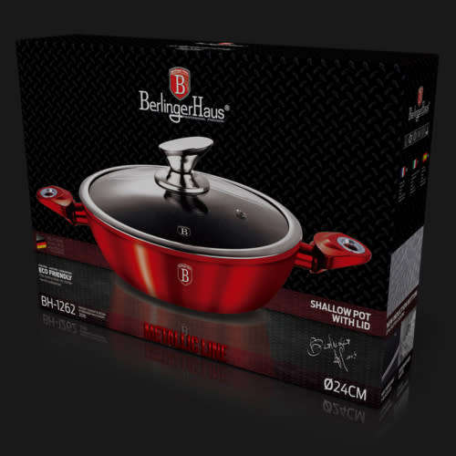 Berlinger Haus BH-1262 Marble coating induction Shallow Pot with Lid, 24CM Burgandy Metallic Line