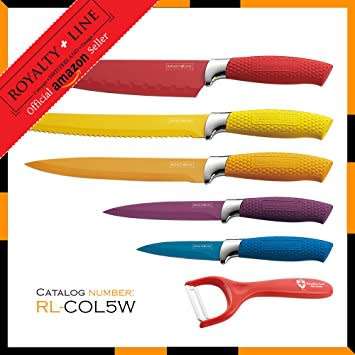 Royalty Line Steel Colourful Knife Set - 5 Piece Stainless + FREE BONUS (PEELER)