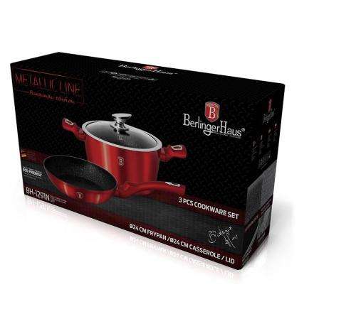 BERLINGER HAUS 3-PIECE MARBLE COATING COOKWARE SET - BURGUNDY METALLIC