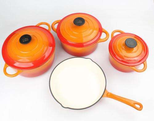 LMA Authentic 7 Piece Cast Iron Dutch Oven Cookware Set - Sunset Orange