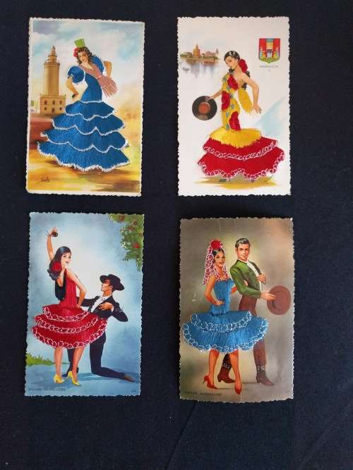 Set Four Vintage 1960's Spanish Silk Embroidered Post Cards