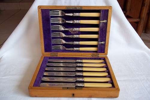 Antique boxed set of bone handle Thomas Turner fish knives & forks with Sterling silver collars