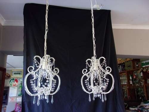 2 x 1960s Matching scrolled arm wrought iron crystal chandeliers - 1 bid for both