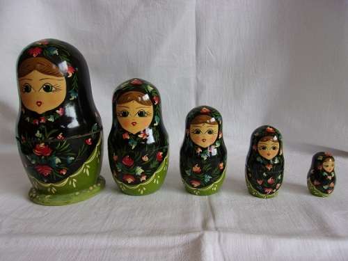Vintage Russian 5 wooden nesting Matryoshka dolls signed Cepzueb Nocag