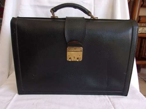 Vintage black genuine leather briefcase with brass trim - great condition