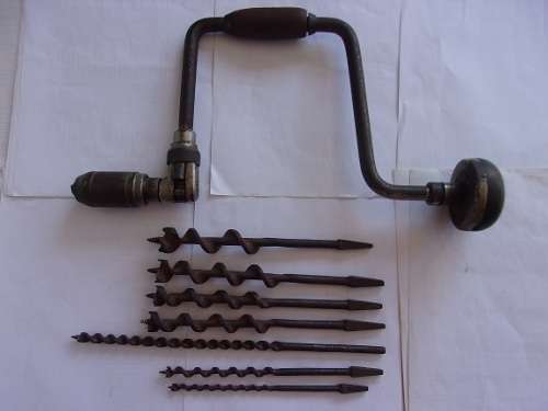 Vintage Stanley hand brace drill and 7 auger drill bits