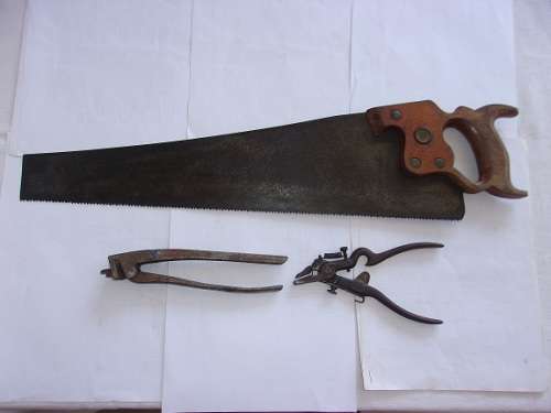 Antique Disston hand saw and 2 saw sets for 1 bid