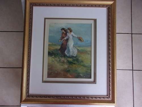 Lovely framed original oil on canvas painting by Este Mostert - 2 ladies in a field