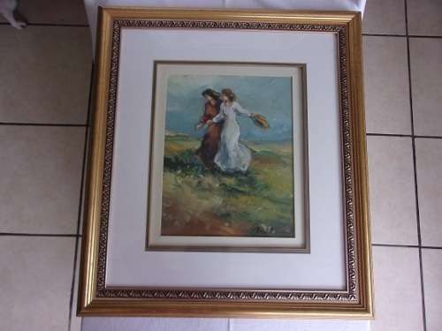 Lovely framed original oil on canvas painting by Este Mostert - 2 ladies in a field