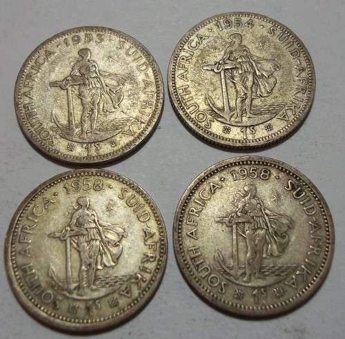 4 x Silver SA Elizabeth II 1 Shilling coins - bid per coin to take all