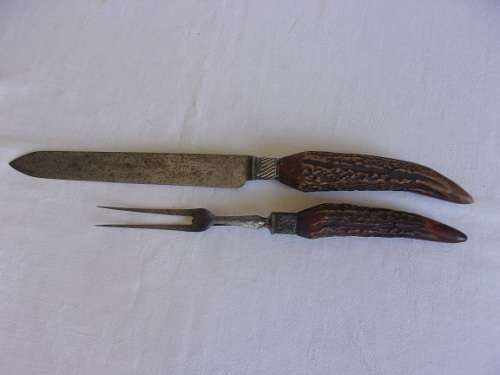 Antique James Deakin & Sons carving set with stag horn handles