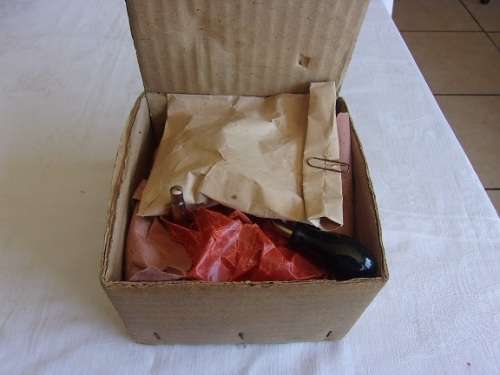 Vintage wind up gramophone motor, crank handle and speed regulator unit - still in original box