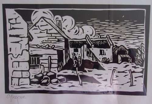 Rare framed Gregoire Boonzaier (1909-2005) linocut signed in pencil - Fishermen's Cottages