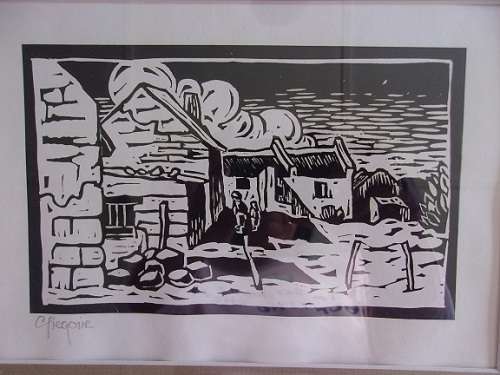 Rare framed Gregoire Boonzaier (1909-2005) linocut signed in pencil - Fishermen's Cottages