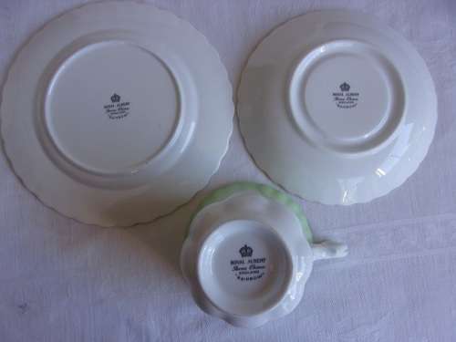 Vintage Royal Albert "Rainbow" cake plate, creamer & 2 trios for 1 bid