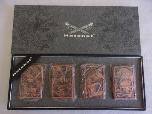 Boxed set of 4 Wenzhou Hatchet fuel cigarette lighters - eagle and truck theme