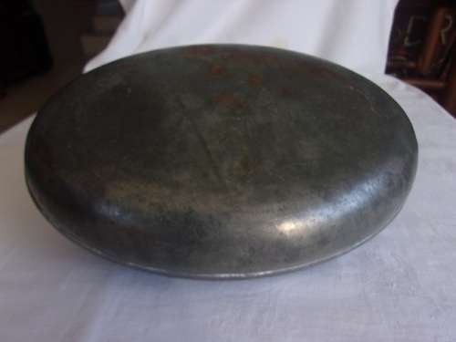 Antique oval metal and pewter hot water bottle/ foot warmer with brass lid