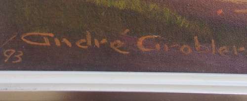 Lovely framed oil on board painting signed Andre Grobler - Farmhouse landscape