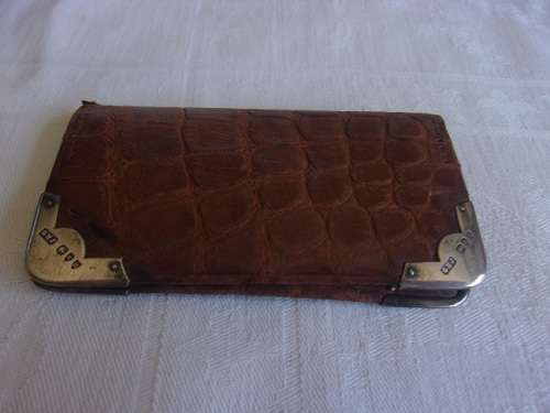 Victorian crocodile skin stamp/card wallet with Sterling silver corner mounts