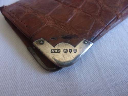 Victorian crocodile skin stamp/card wallet with Sterling silver corner mounts