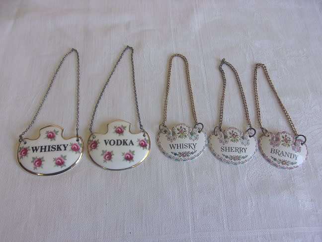 2 Vintage porcelain Royal Adderley & 3 Halcyon Days Enamel decanter labels for 1 bid