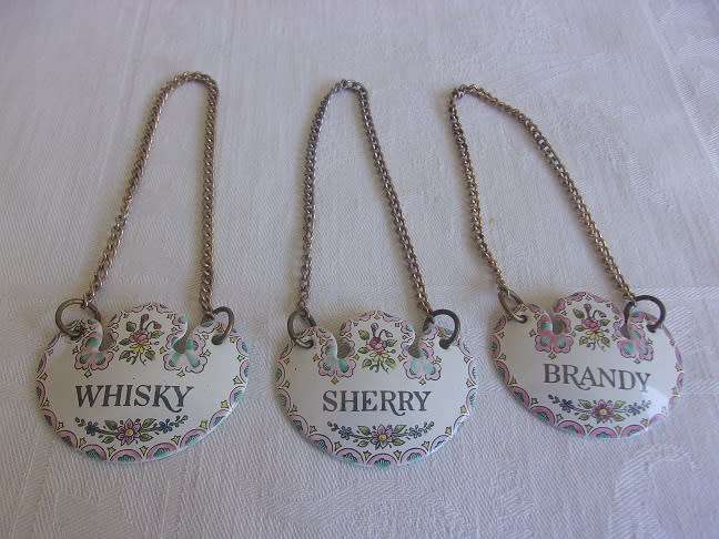 2 Vintage porcelain Royal Adderley & 3 Halcyon Days Enamel decanter labels for 1 bid