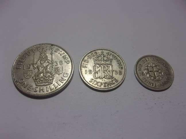 1938 British George VI silver 3 coin set - 1 Shilling to 3p
